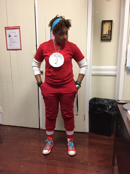 Mrs. Wright dresses up for Dr. Seuss' birthday.